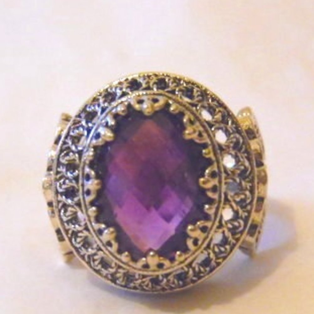Ottoman Silver Amethyst Oval Gemstone Filigree Ring Size 8